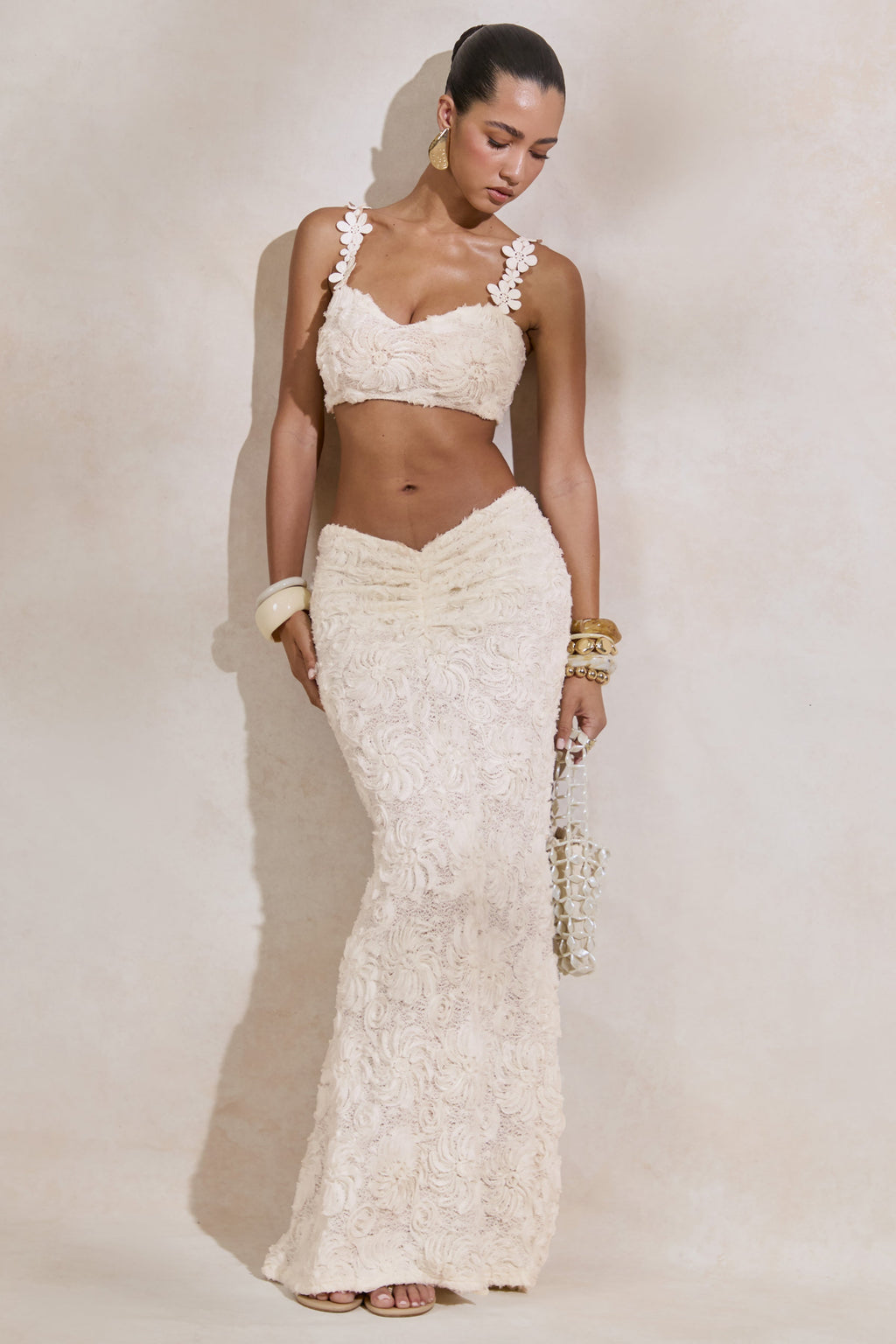 Driftly | Skirt Women's White Lace Maxi With Gathered Detailing