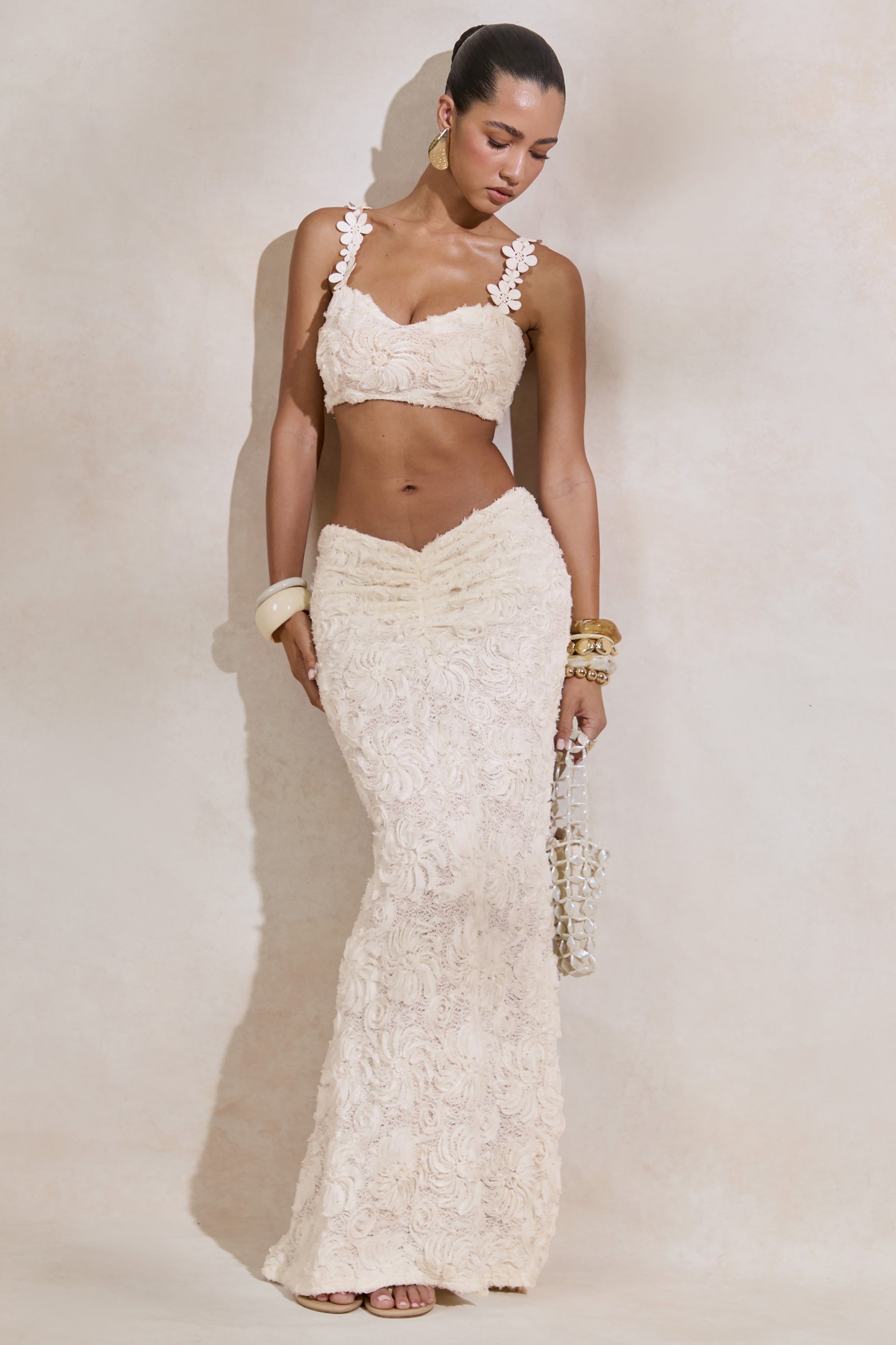 Driftly | Skirt Women's White Lace Maxi With Gathered Detailing