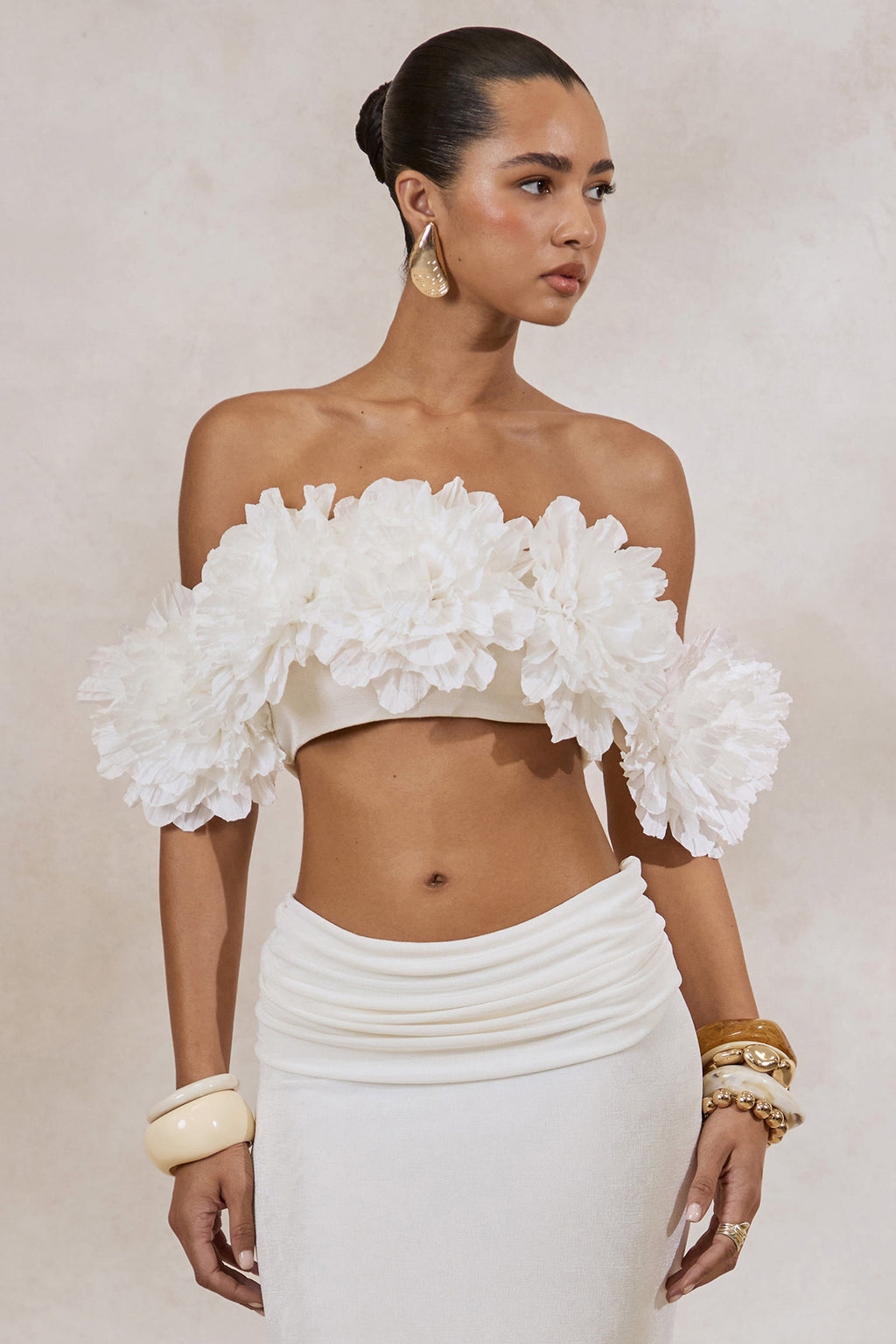 Driftly | Crop Top Women's White Bardot-Neck With Corsage Detail