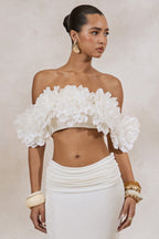 Driftly | Crop Top Women's White Bardot-Neck With Corsage Detail
