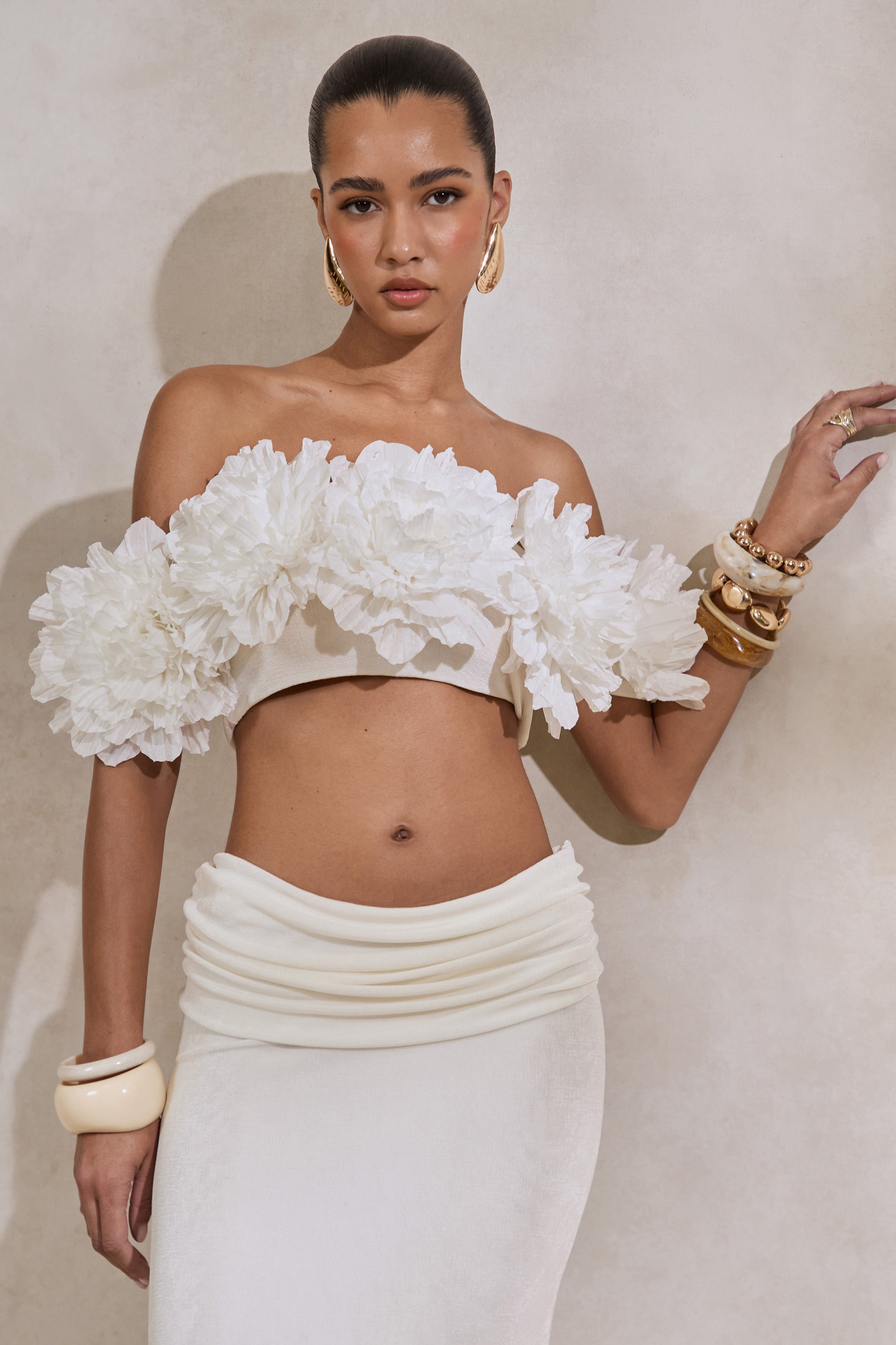 Driftly | Crop Top Women's White Bardot-Neck With Corsage Detail