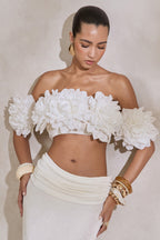 Driftly | Crop Top Women's White Bardot-Neck With Corsage Detail