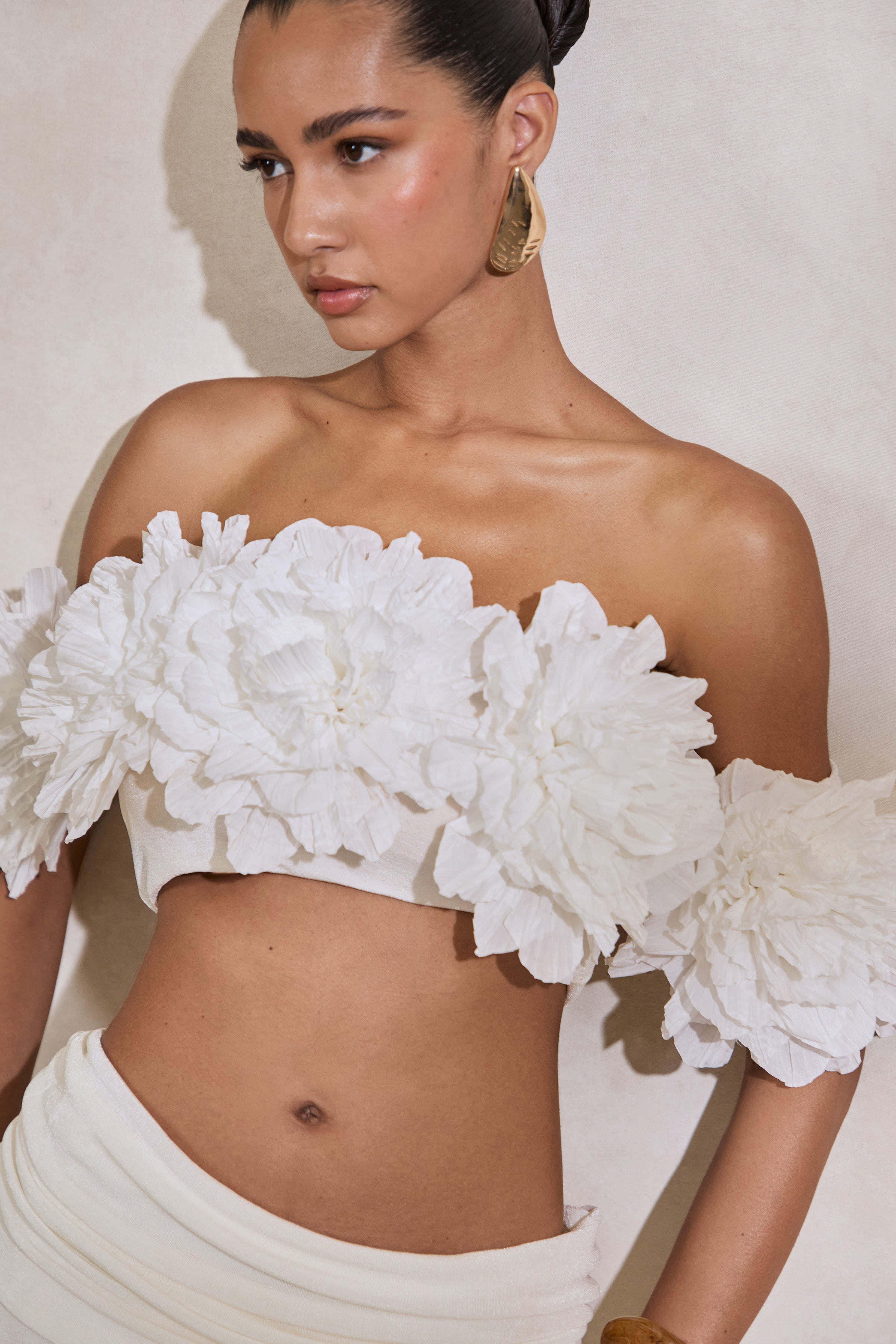 Driftly | Crop Top Women's White Bardot-Neck With Corsage Detail