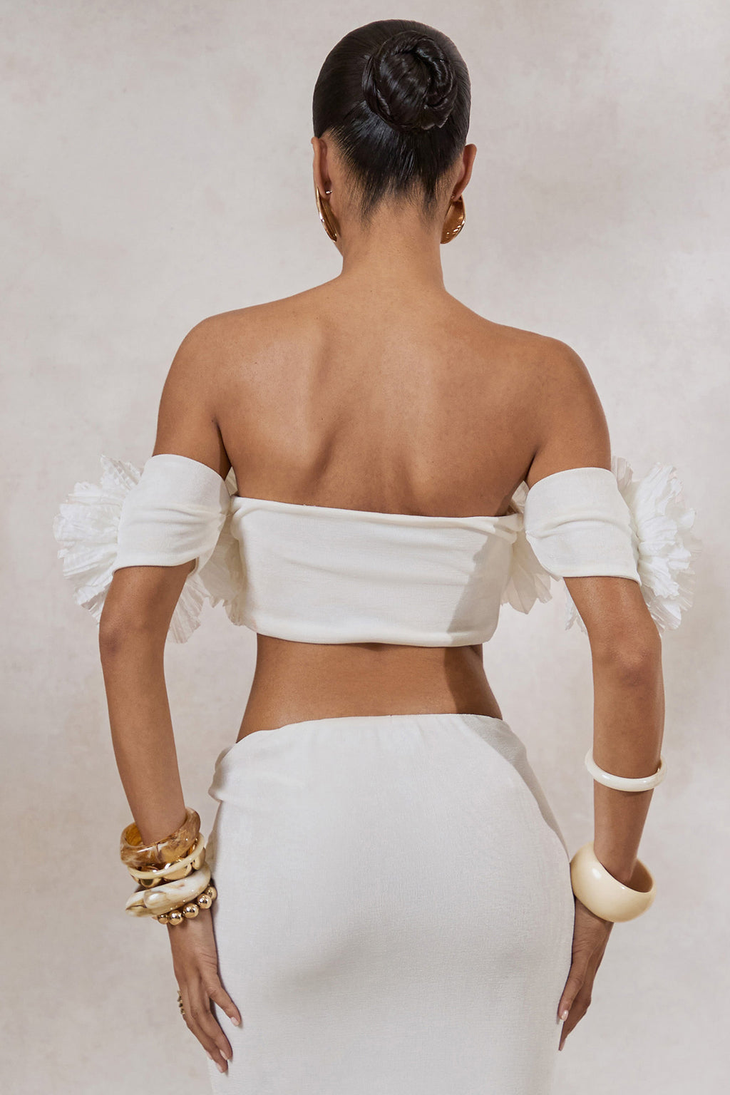 Driftly | Crop Top Women's White Bardot-Neck With Corsage Detail