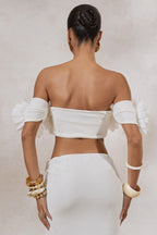 Driftly | Crop Top Women's White Bardot-Neck With Corsage Detail