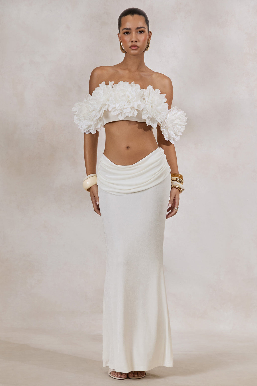 Driftly | Crop Top Women's White Bardot-Neck With Corsage Detail