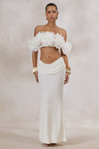 Driftly | Crop Top Women's White Bardot-Neck With Corsage Detail