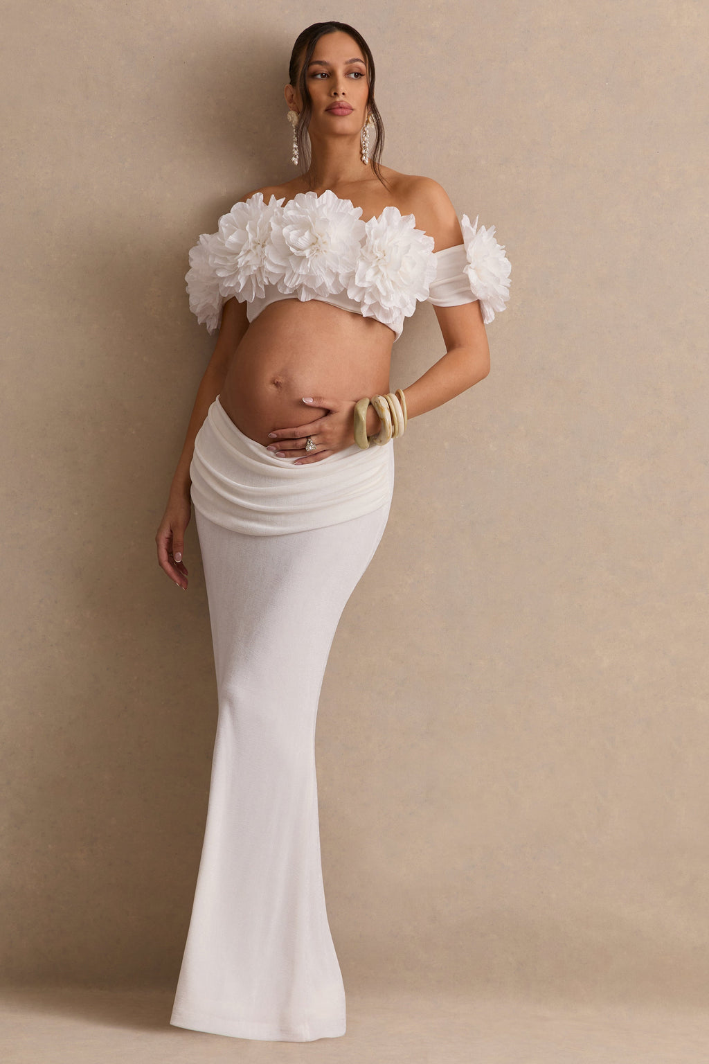 Driftly | Crop Top Women's White Bardot-Neck With Corsage Detail