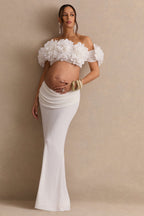 Driftly | Crop Top Women's White Bardot-Neck With Corsage Detail