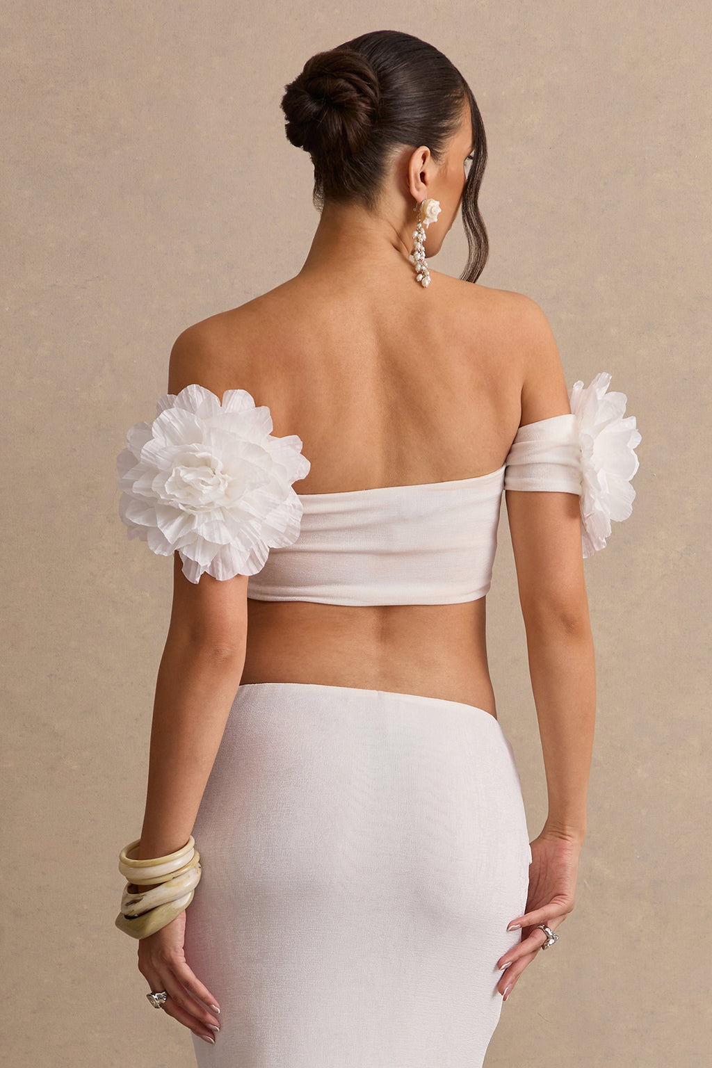 Driftly | Crop Top Women's White Bardot-Neck With Corsage Detail