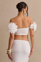Driftly | Crop Top Women's White Bardot-Neck With Corsage Detail