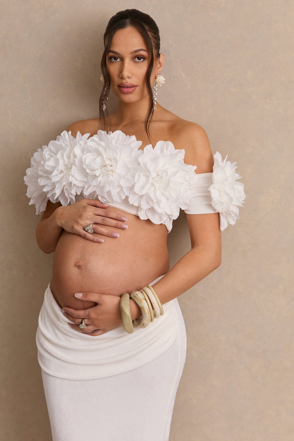 Driftly | Crop Top Women's White Bardot-Neck With Corsage Detail