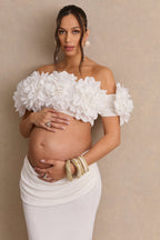 Driftly | Crop Top Women's White Bardot-Neck With Corsage Detail