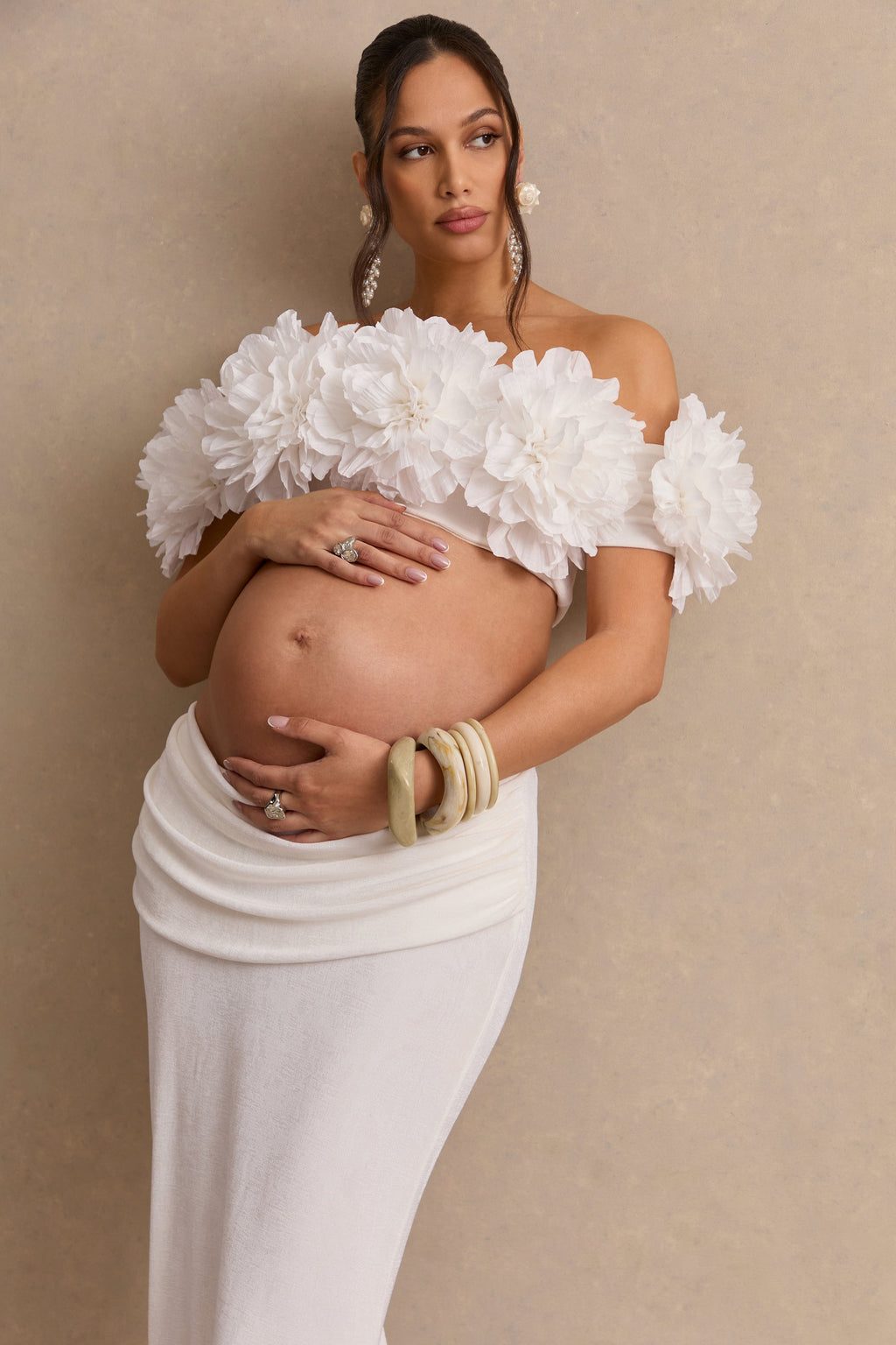 Driftly | Crop Top Women's White Bardot-Neck With Corsage Detail