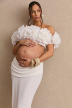 Driftly | Crop Top Women's White Bardot-Neck With Corsage Detail