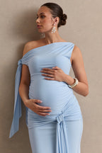 Driftly | Cataleya Light Blue Asymmetric-Neck Maternity Top With Knot And Sash Detail