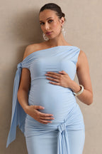 Driftly | Cataleya Light Blue Asymmetric-Neck Maternity Top With Knot And Sash Detail