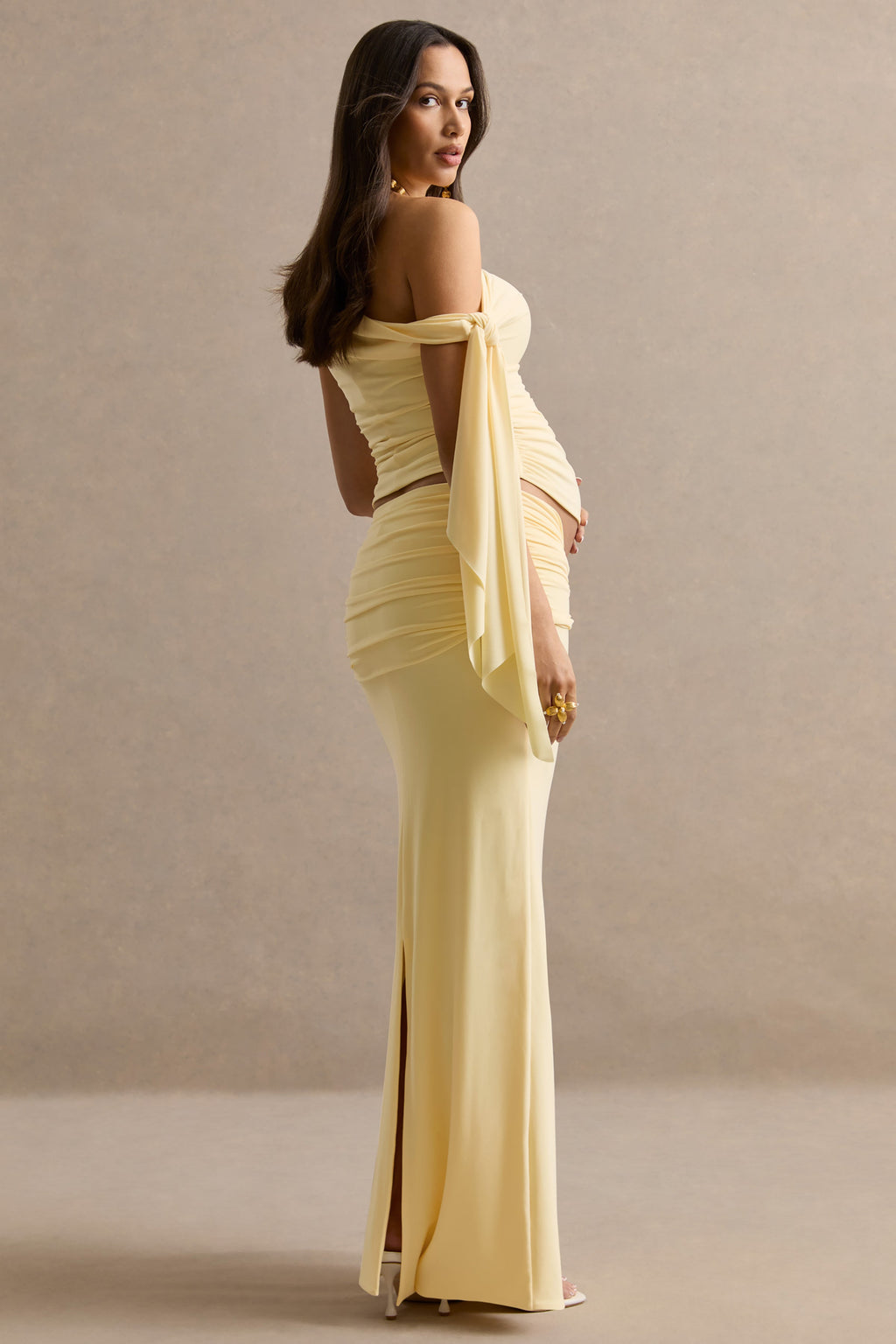 Driftly | Cataleya Lemon Maternity Low Rise Maxi Skirt With Sash Detailing