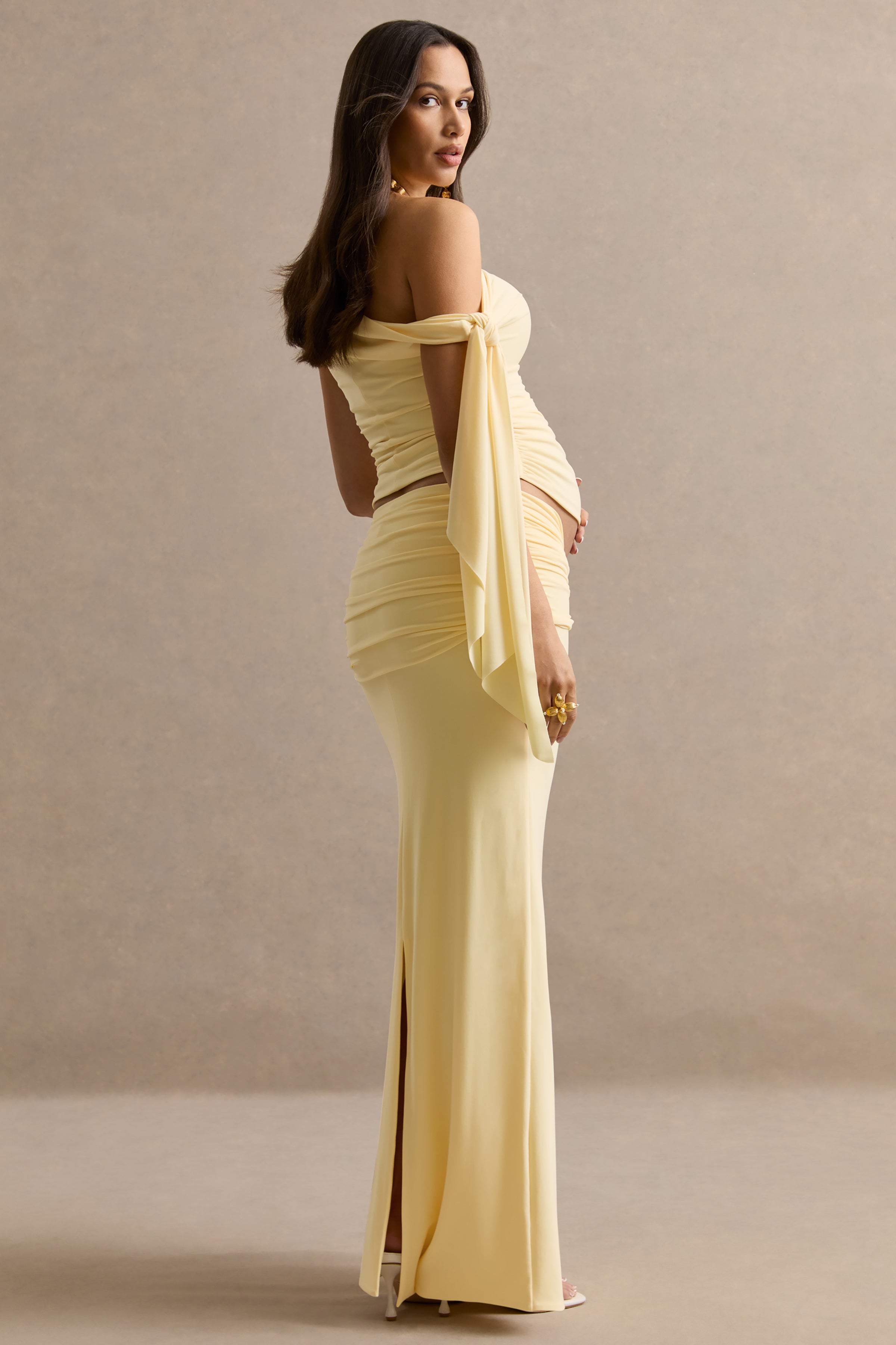 Driftly | Cataleya Lemon Maternity Low Rise Maxi Skirt With Sash Detailing