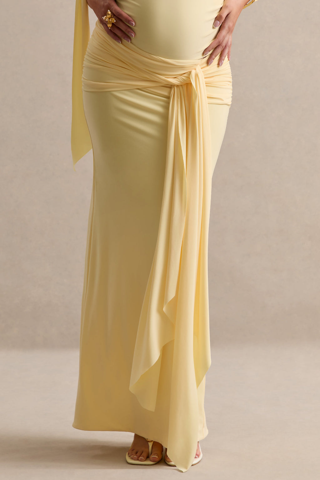 Driftly | Cataleya Lemon Maternity Low Rise Maxi Skirt With Sash Detailing