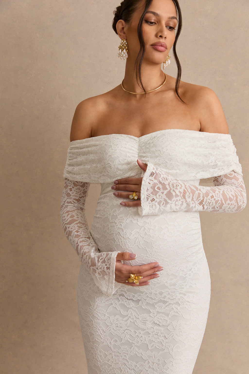 Valleria White Lace Bardot-Neck Maternity Maxi Dress – additional view