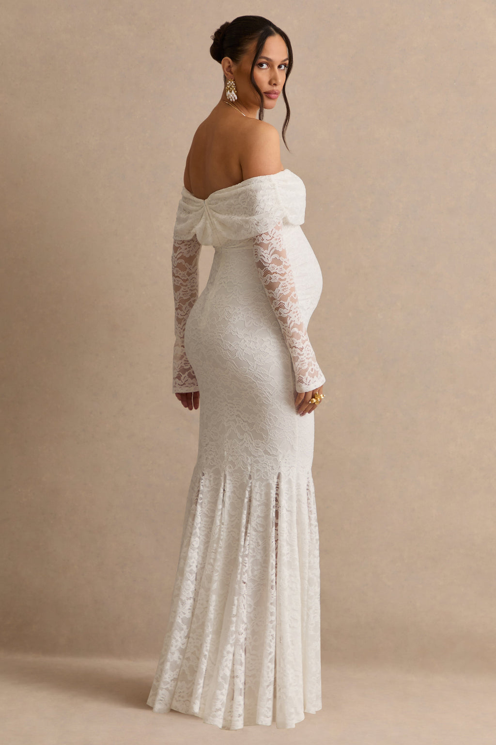 Driftly | Valleria White Lace Bardot-Neck Maternity Maxi Dress