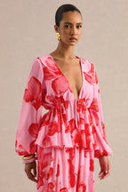 Driftly | Top Women's Pink Chiffon Plunge-Neck Front-Tied