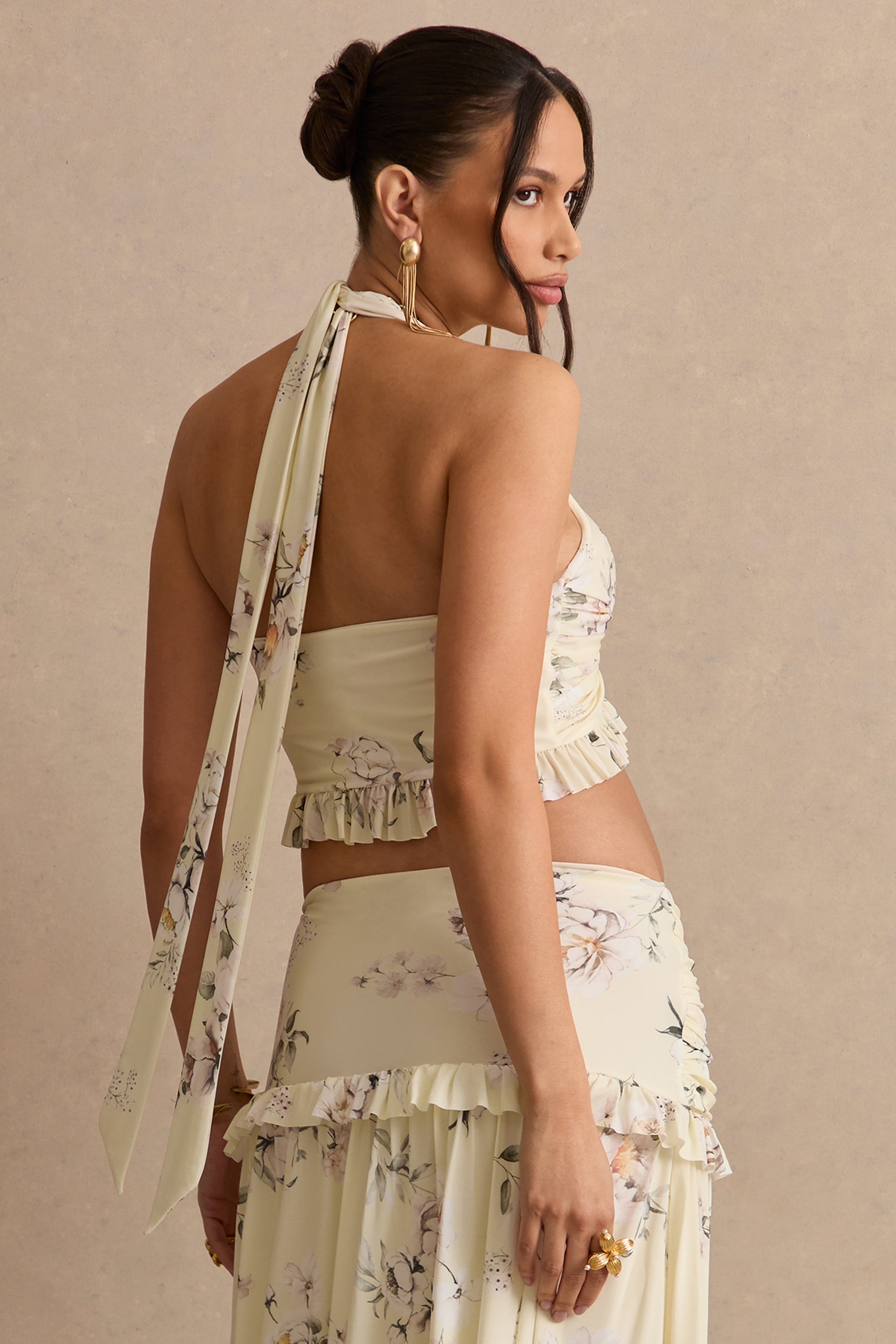 Driftly | Top Women's Yellow Floral Print Halter-Neck