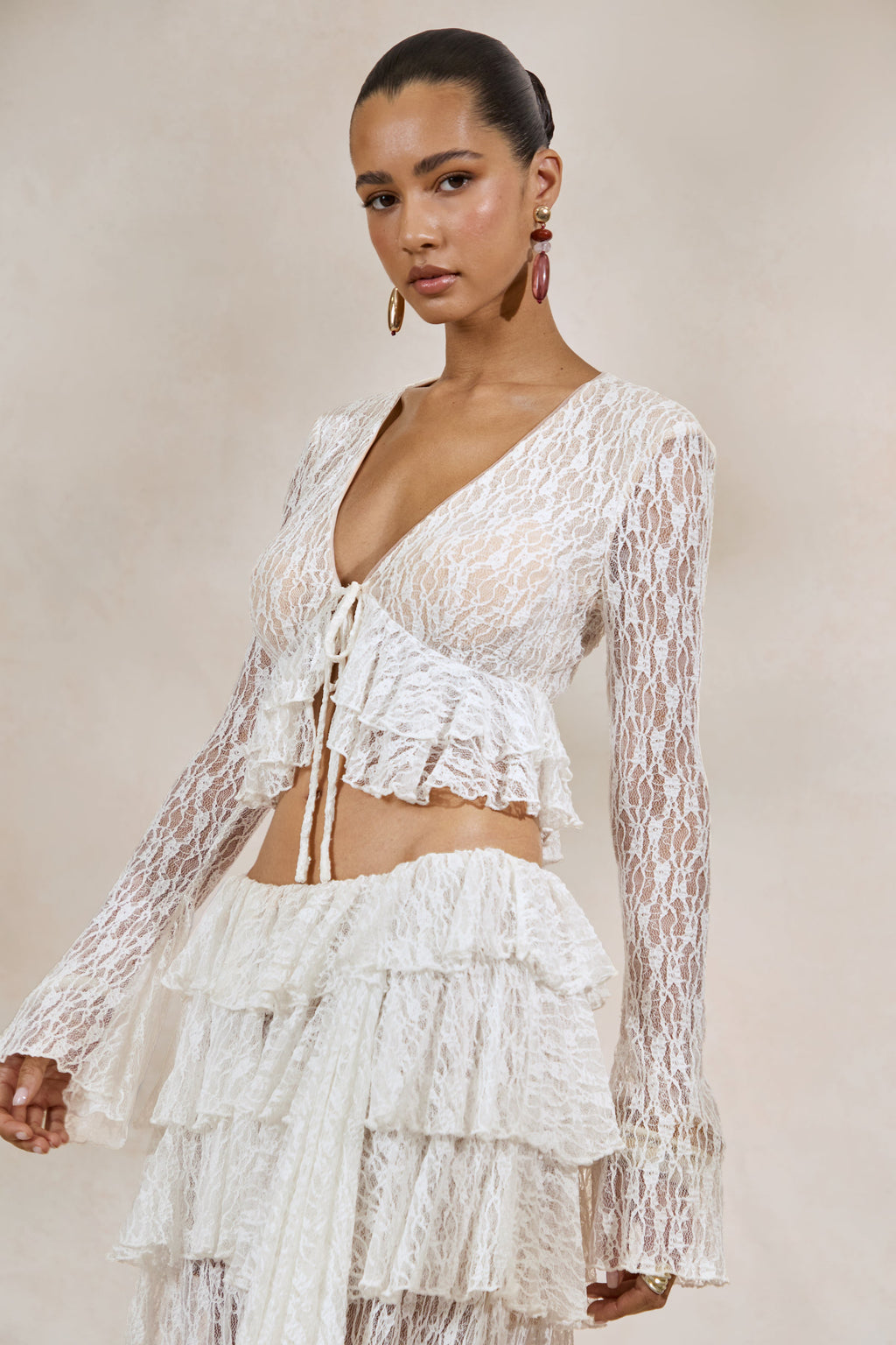 Driftly | Top Women's White Lace Plunge-Neck With Ruffled Trim