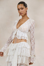 Driftly | Top Women's White Lace Plunge-Neck With Ruffled Trim