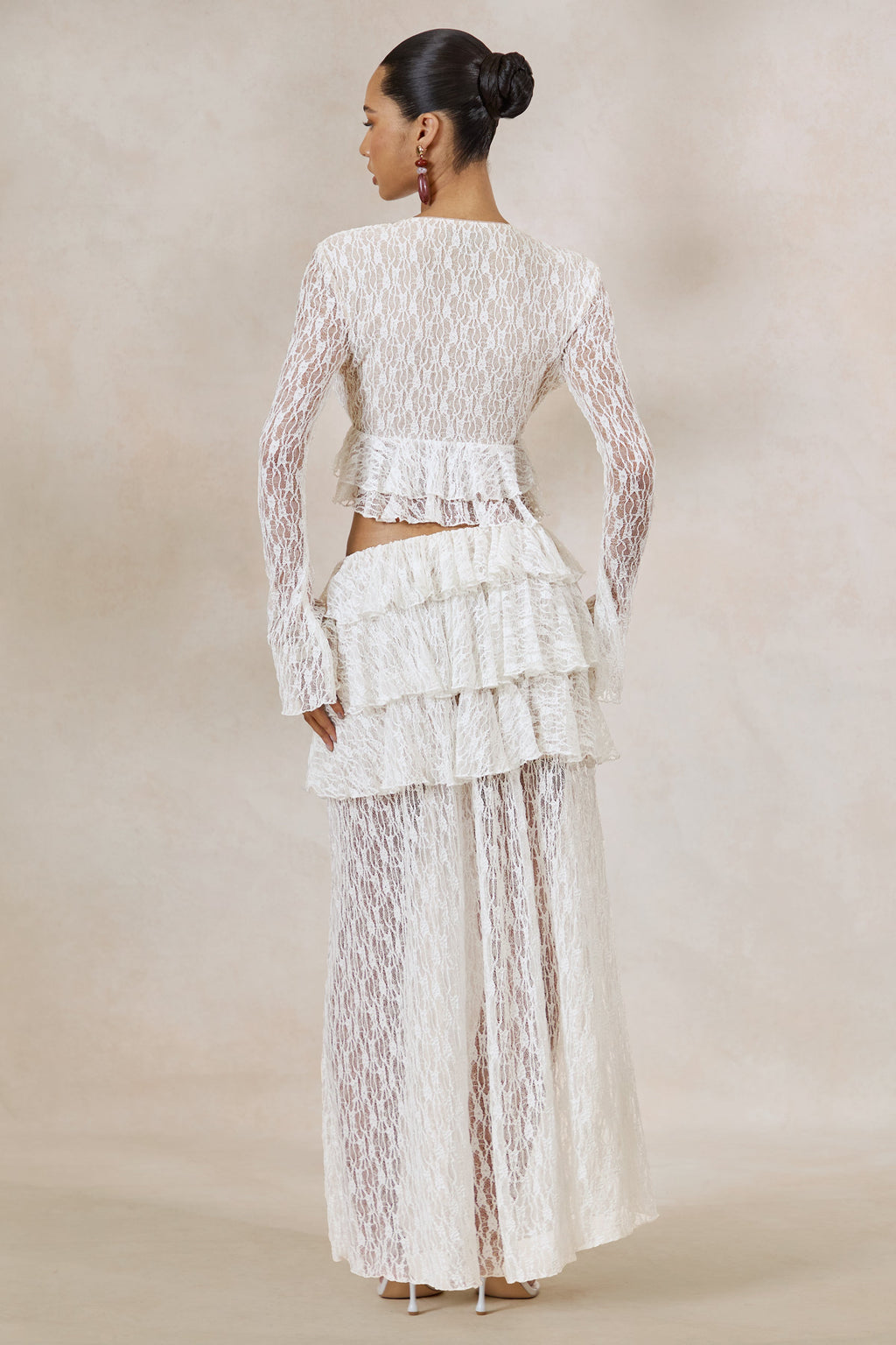 Driftly | Top Women's White Lace Plunge-Neck With Ruffled Trim