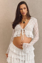 Driftly | Top Women's White Lace Plunge-Neck With Ruffled Trim