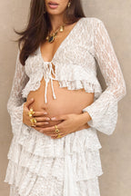 Driftly | Top Women's White Lace Plunge-Neck With Ruffled Trim