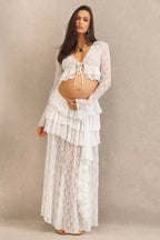 Driftly | Top Women's White Lace Plunge-Neck With Ruffled Trim