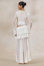Driftly | Skirt Women's White Lace Asymmetric-Waist Maxi With Ruffled Detailing