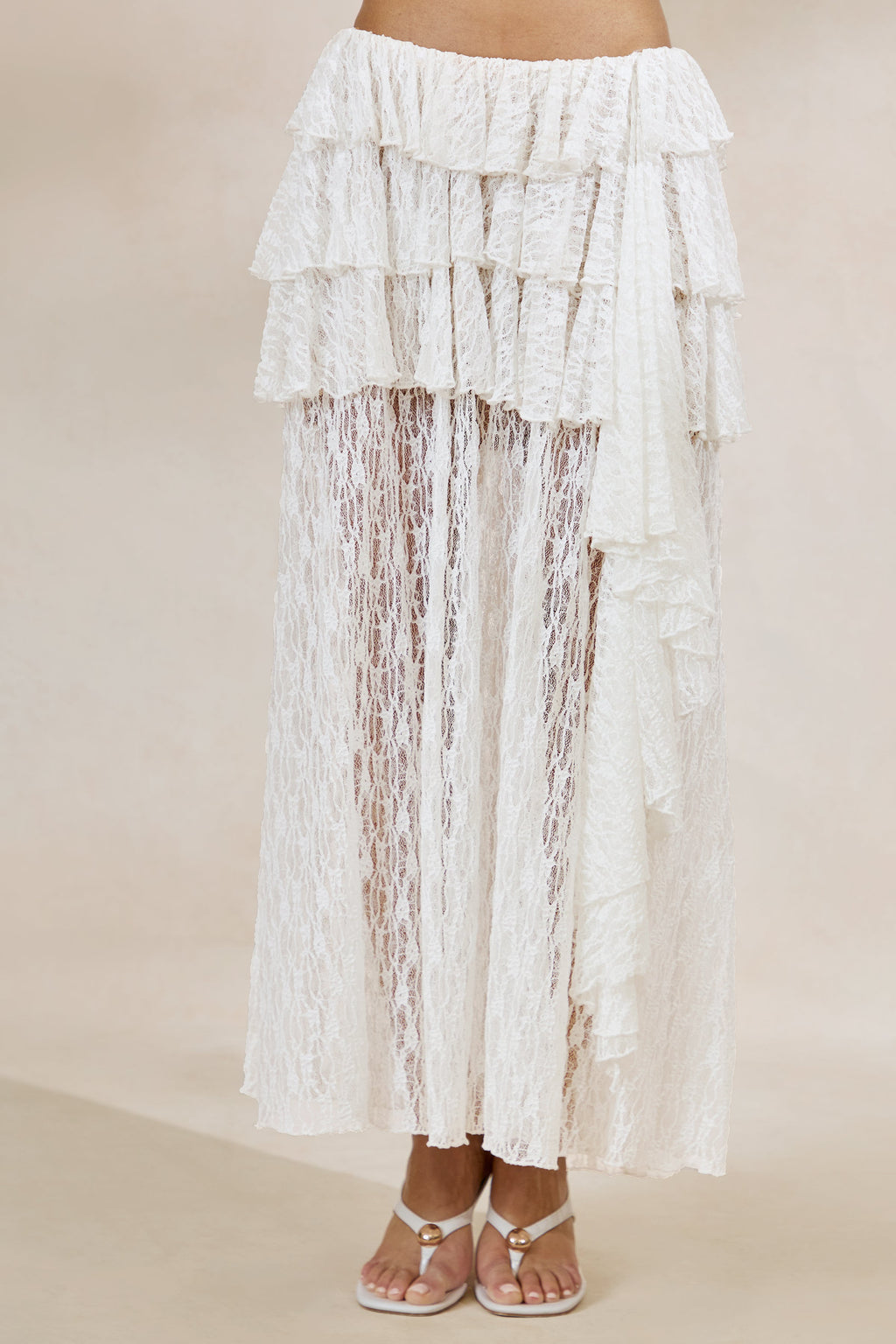 Driftly | Skirt Women's White Lace Asymmetric-Waist Maxi With Ruffled Detailing