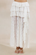Driftly | Skirt Women's White Lace Asymmetric-Waist Maxi With Ruffled Detailing