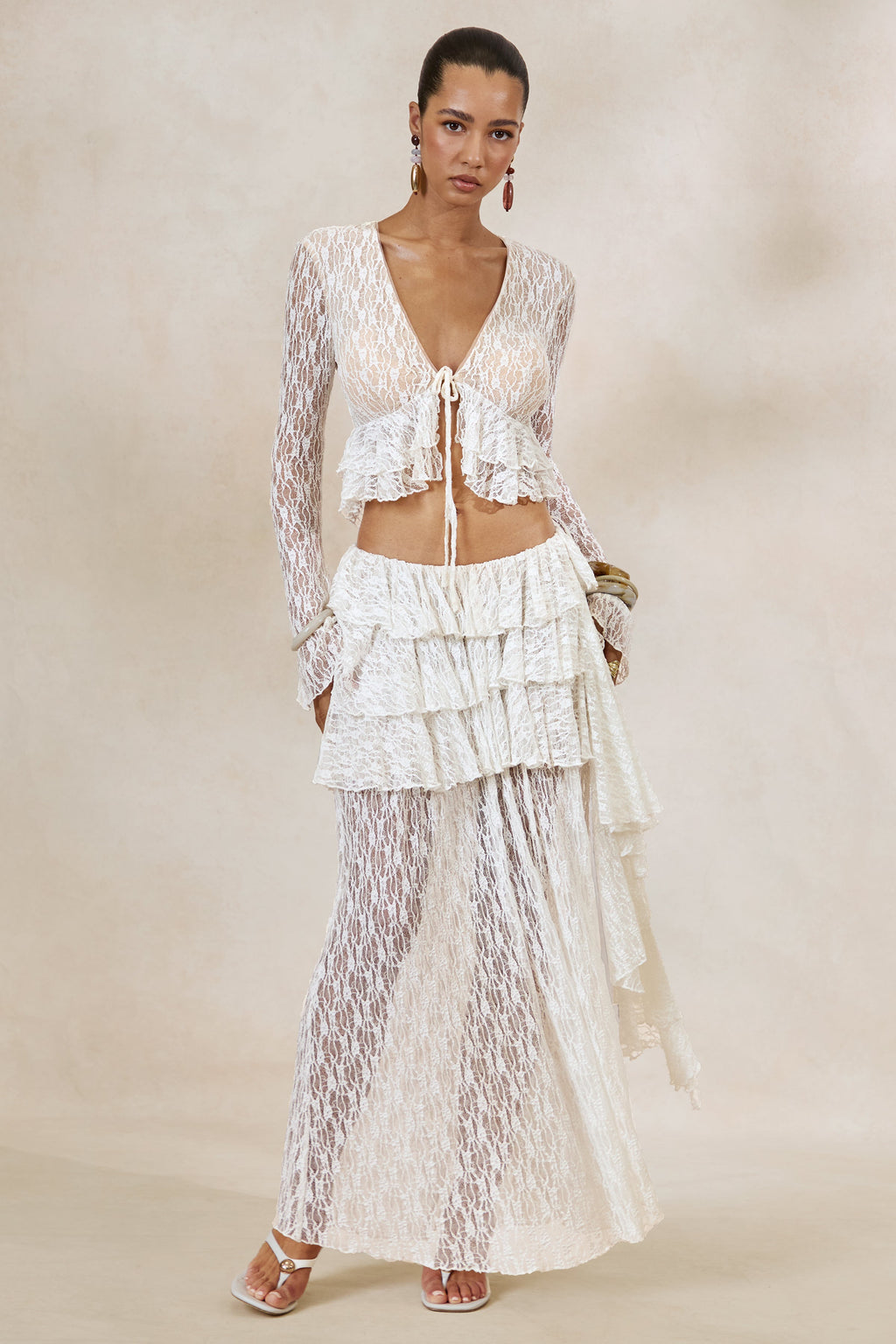 Driftly | Skirt Women's White Lace Asymmetric-Waist Maxi With Ruffled Detailing