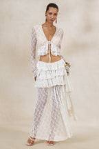 Driftly | Skirt Women's White Lace Asymmetric-Waist Maxi With Ruffled Detailing