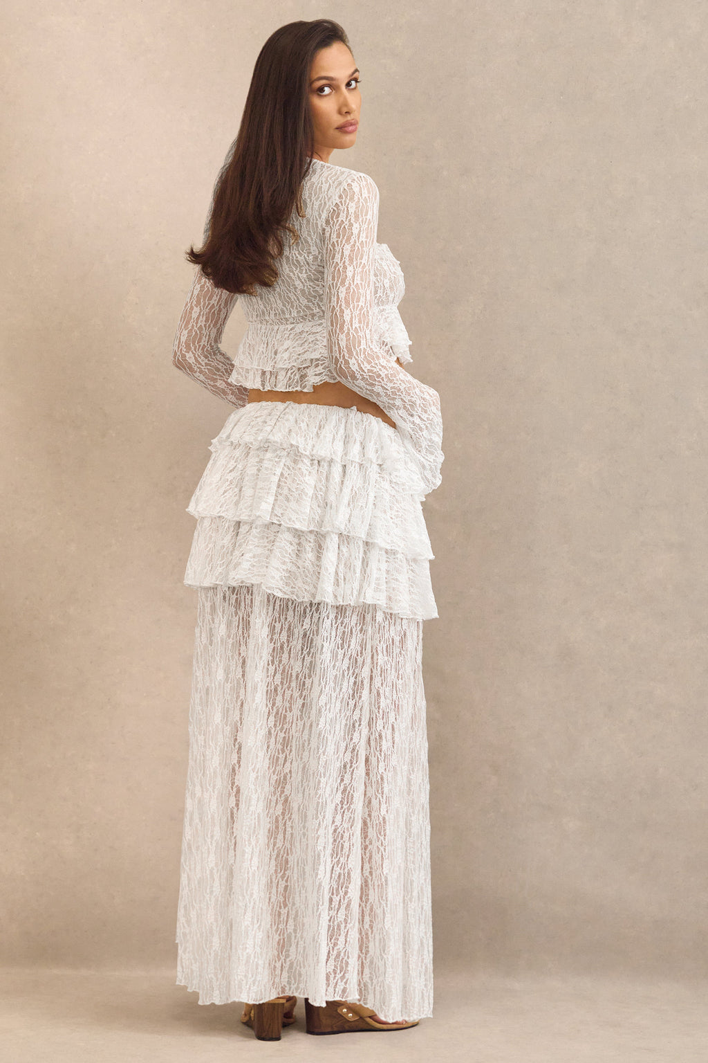 Driftly | Skirt Women's White Lace Asymmetric-Waist Maxi With Ruffled Detailing