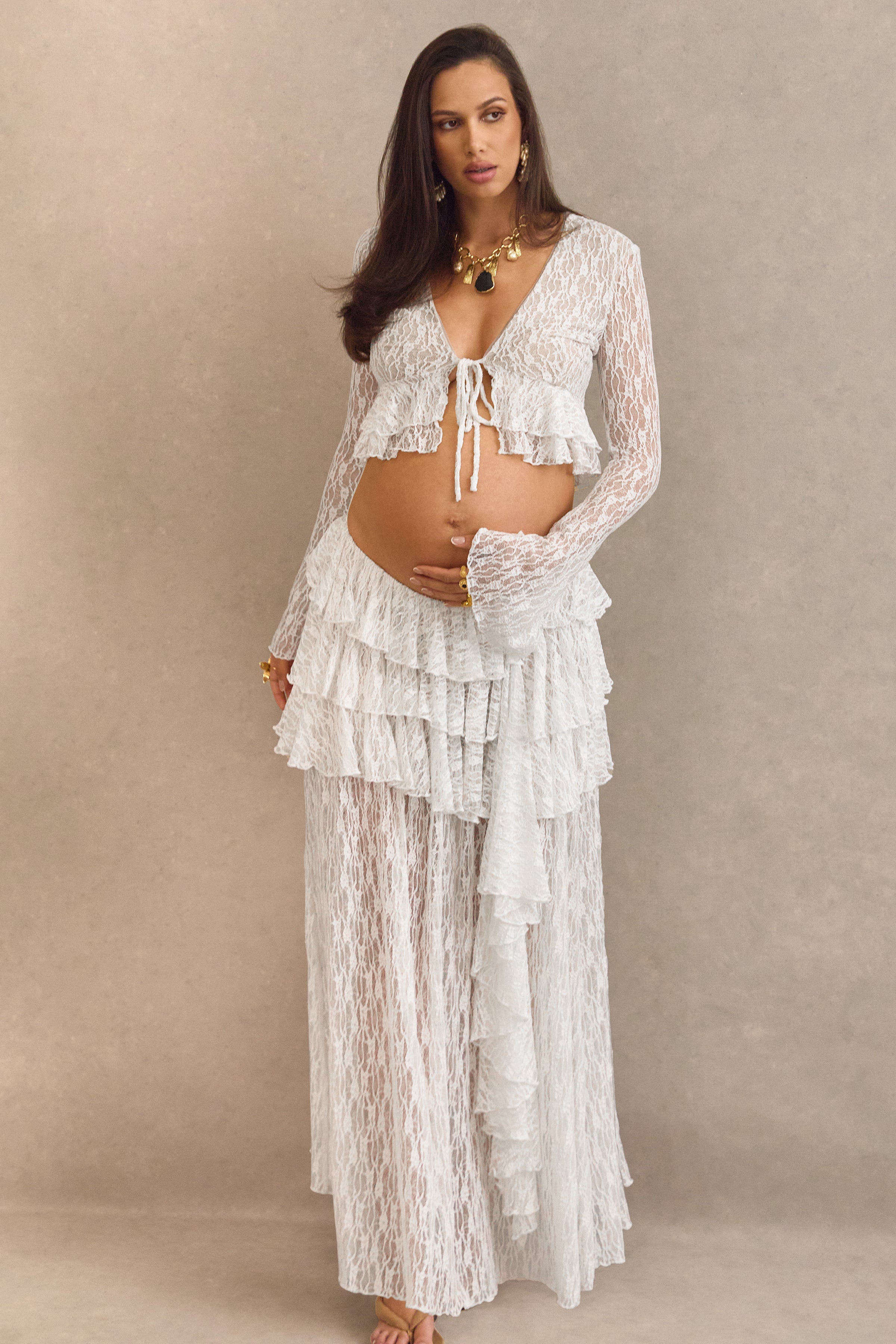 Driftly | Skirt Women's White Lace Asymmetric-Waist Maxi With Ruffled Detailing
