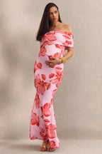Driftly | Dalisay Pink Floral Print Bardot-Neck Maternity Maxi Dress