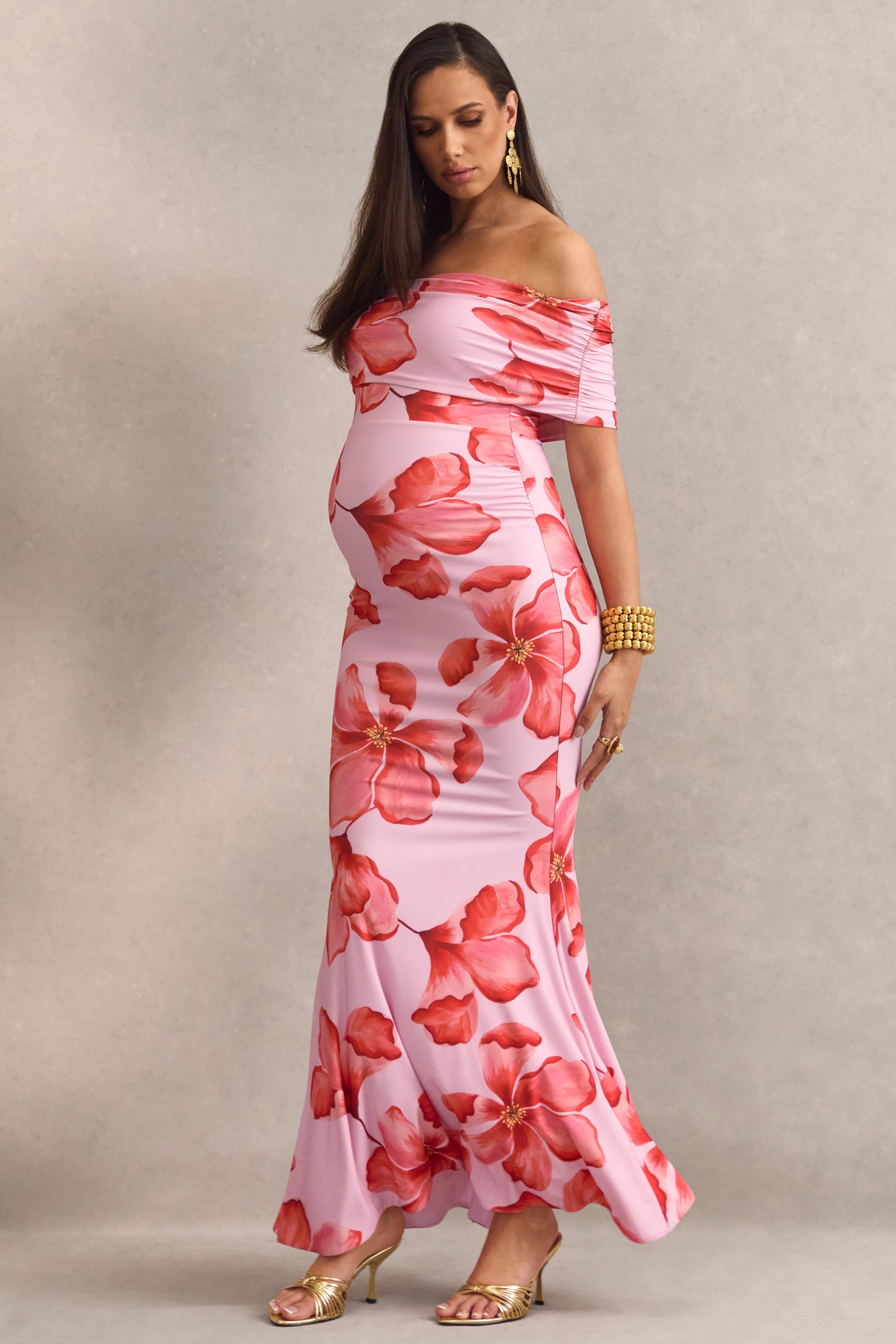 Dalisay Pink Floral Print Bardot-Neck Maternity Maxi Dress – second lifestyle photo