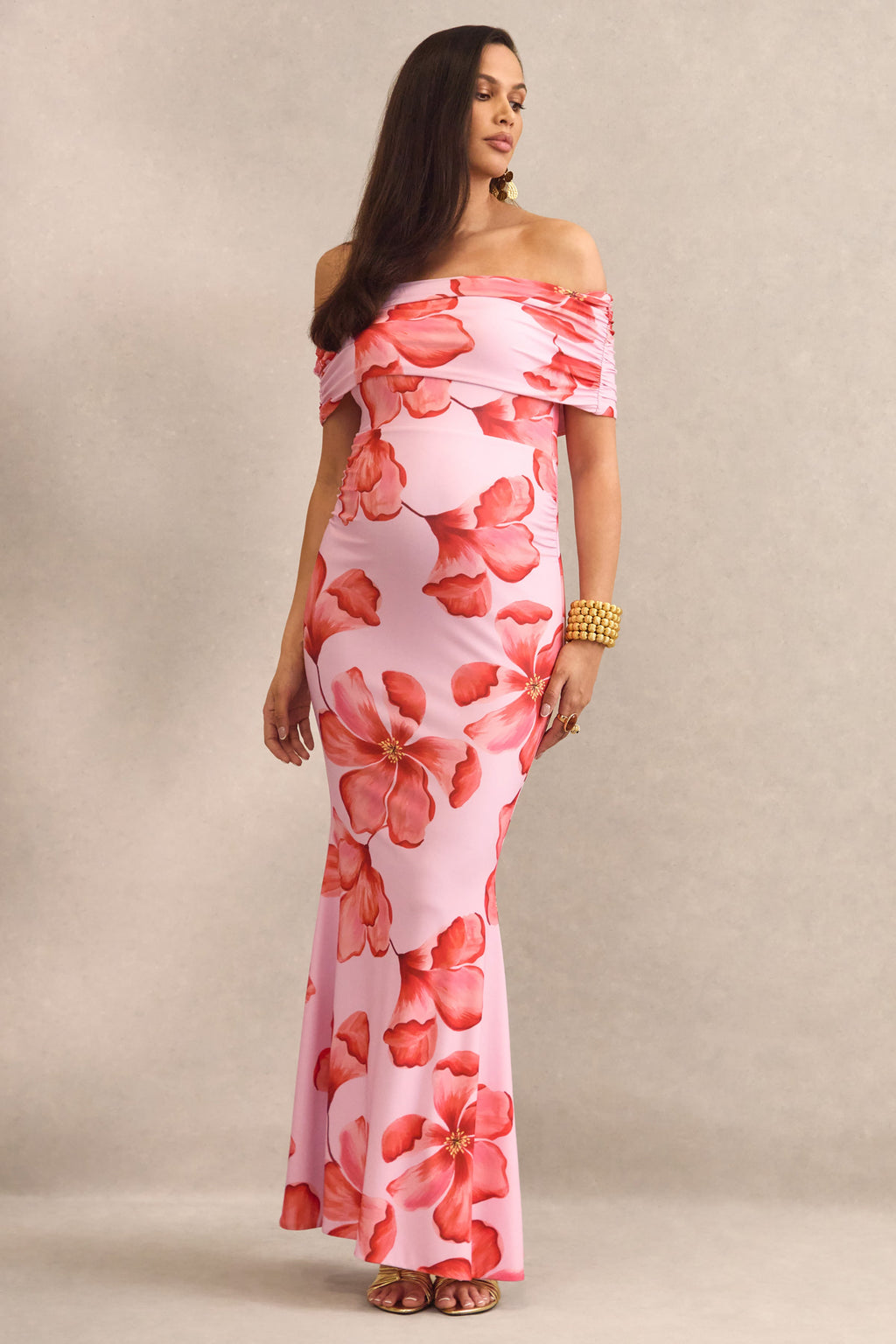 Driftly | Dalisay Pink Floral Print Bardot-Neck Maternity Maxi Dress