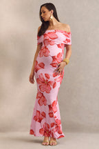 Driftly | Dalisay Pink Floral Print Bardot-Neck Maternity Maxi Dress