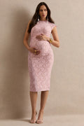 Driftly | Vianne Pink Lace Round-Neck Maternity Midi Dress