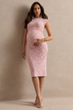 Driftly | Vianne Pink Lace Round-Neck Maternity Midi Dress