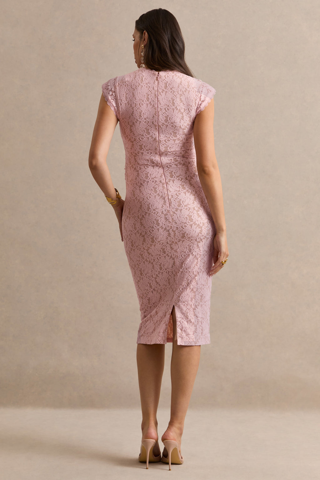 Driftly | Vianne Pink Lace Round-Neck Maternity Midi Dress