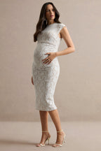 Driftly | Vianne White Lace Round-Neck Maternity Midi Dress