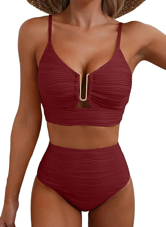 Woman wearing a burgundy high-waisted elegant bikini set - lifestyle photo